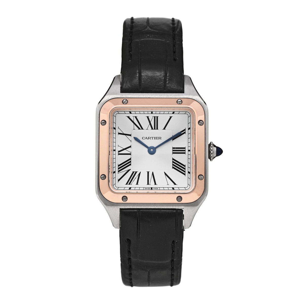 Stainless Steel 18K Pink Gold Alligator 27.5mm Santos Dumont Quartz Watch