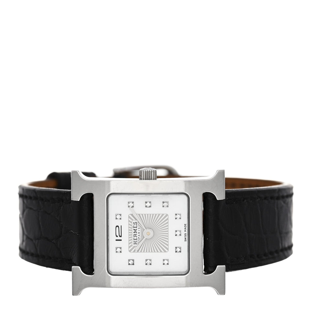 Stainless Steel Alligator Diamond Mother of Pearl 21mm Heure H Hour Quartz Watch Noir