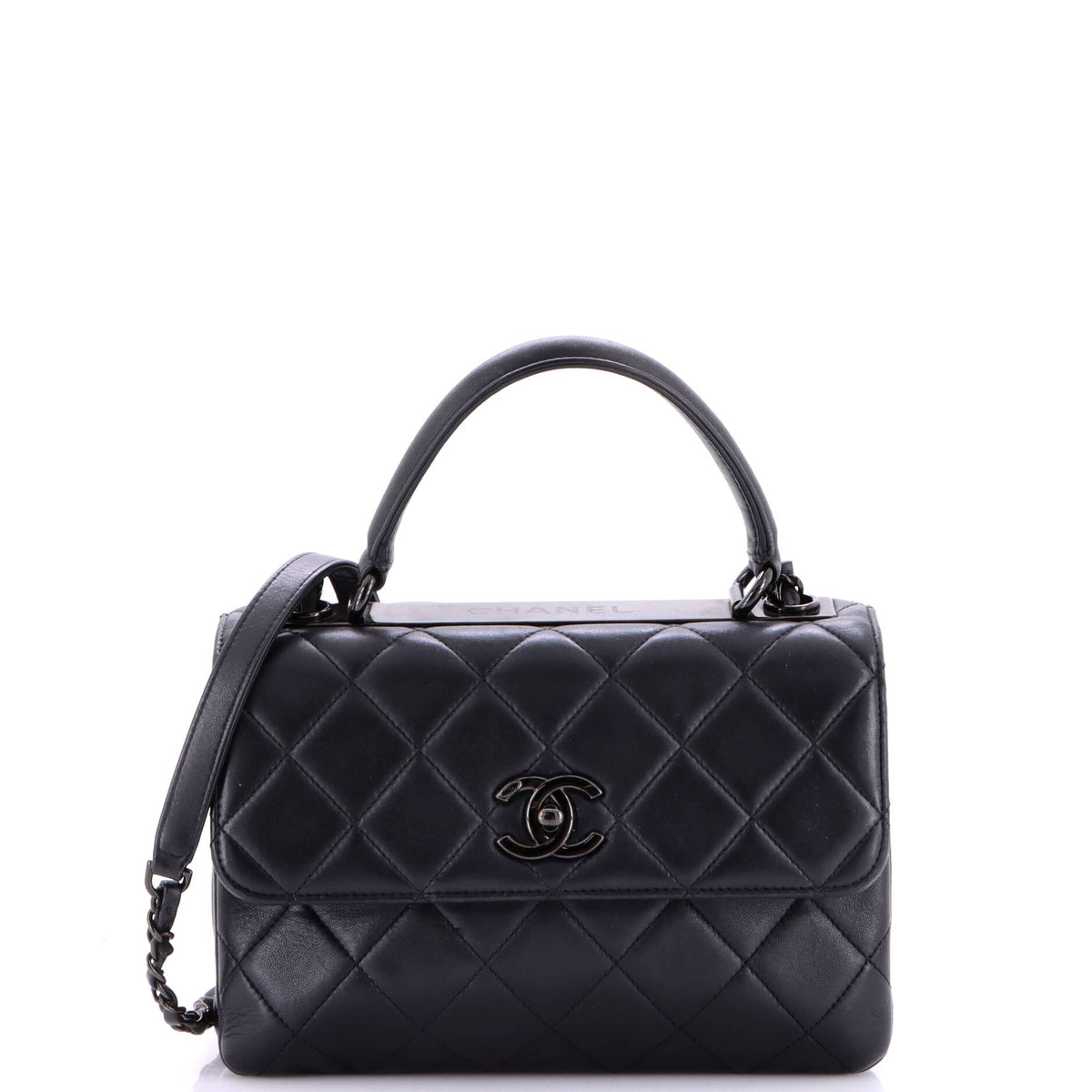 So Black Trendy CC Top Handle Bag Quilted Lambskin Small