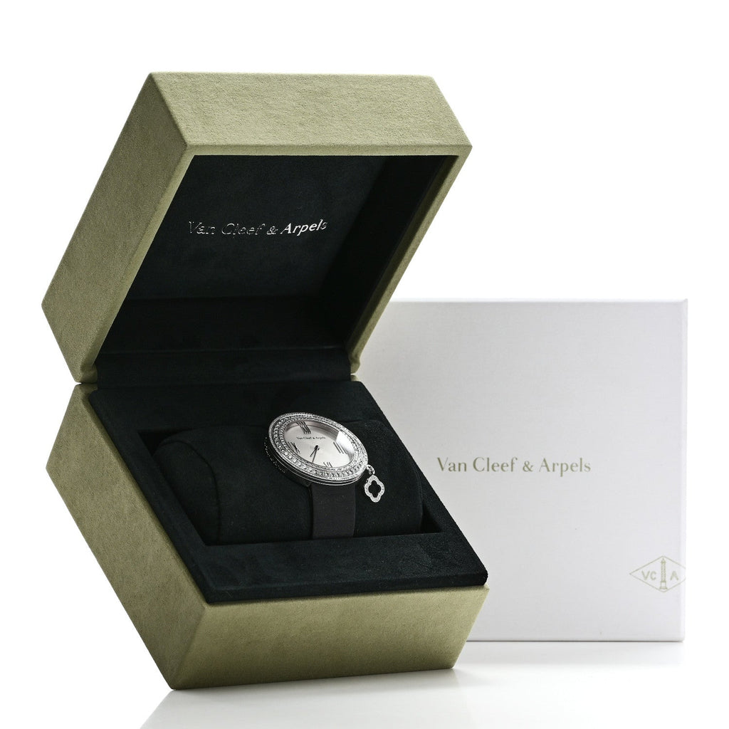 18K White Gold Satin Diamond Pave Bezel 38mm Charms Quartz Watch