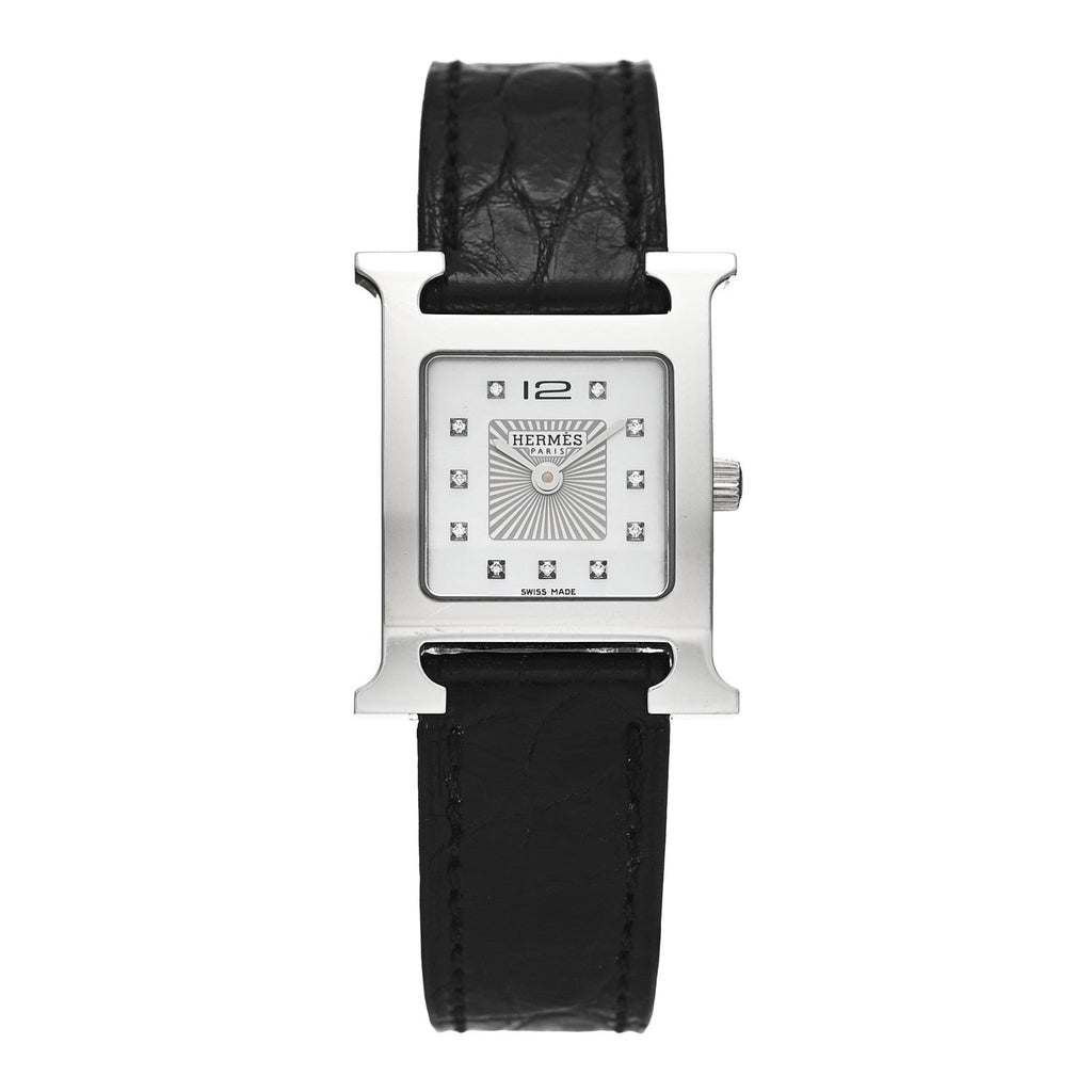 Stainless Steel Alligator Diamond Mother of Pearl 21mm Heure H Hour Quartz Watch Noir