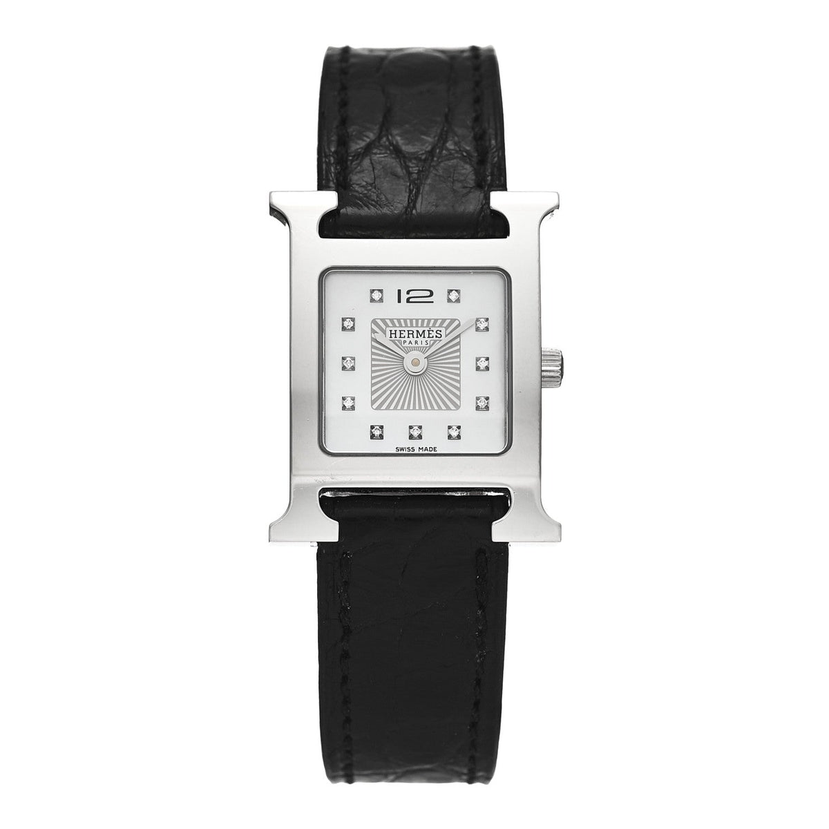 Stainless Steel Alligator Diamond Mother of Pearl 21mm Heure H Hour Quartz Watch Noir