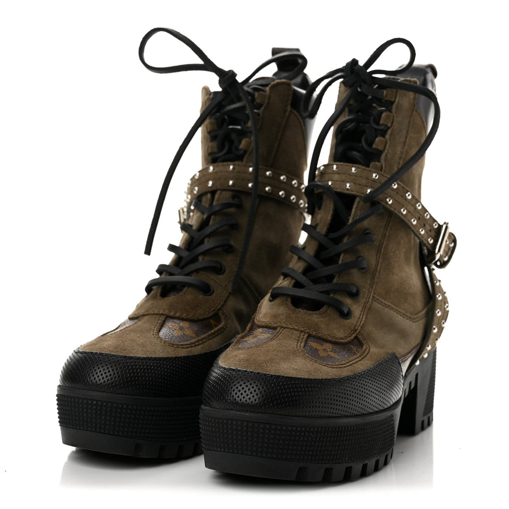 Suede Calfskin Monogram Laureate Platform Desert Boots 38 Kaki