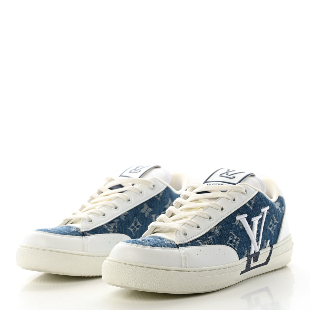 Calfskin Monogram Denim Womens Charlie Sneakers 40 White Blue