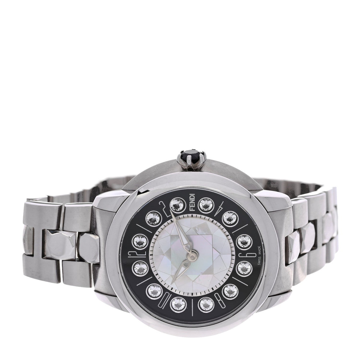 Stainless Steel Mother of Pearl Topaz Spinel 38mm Ishine Rotating Gem Two Tone Quartz Watch Black