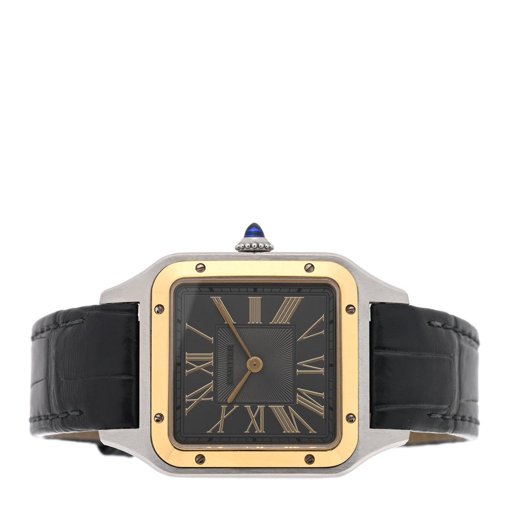 Stainless Steel 18K Yellow Gold Alligator 31.4mm Santos Dumont Quartz Watch Grey