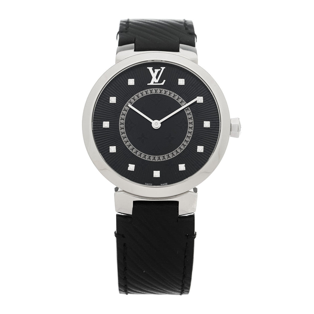 Stainless Steel Epi Diamond 33mm Tambour Slim Quartz Watch Black