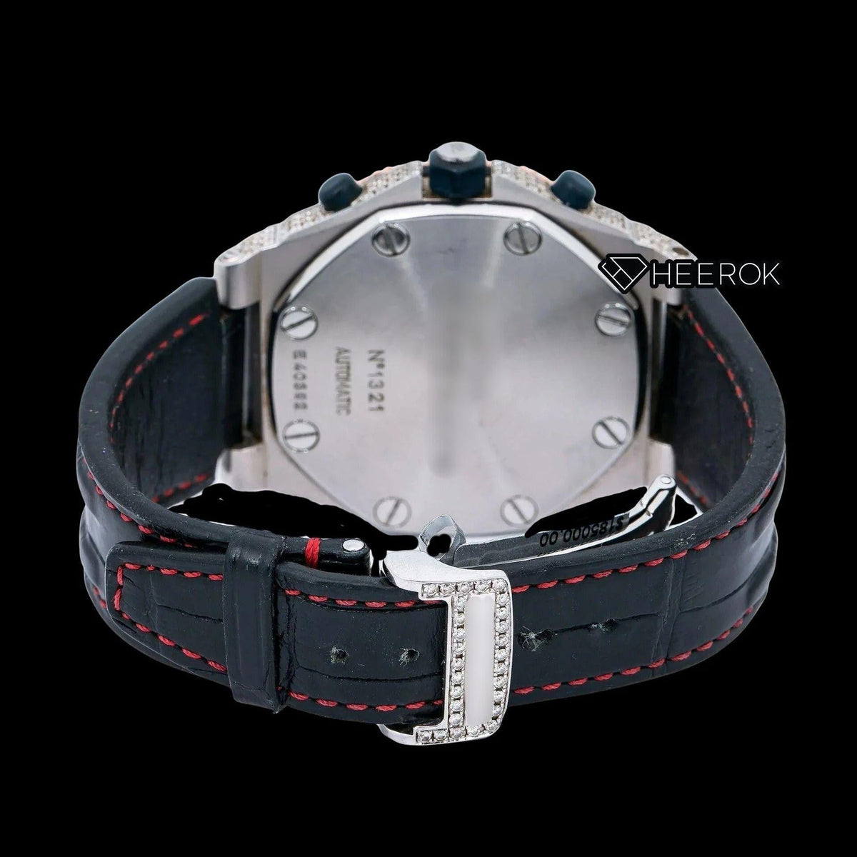 AP Royal Oak Offshore Chronograph Pave Diamond Dial Black Standard Numerals Rose Gold Diamond Bezel Black Leather Strap Semi Iced Out Moissanite Watch