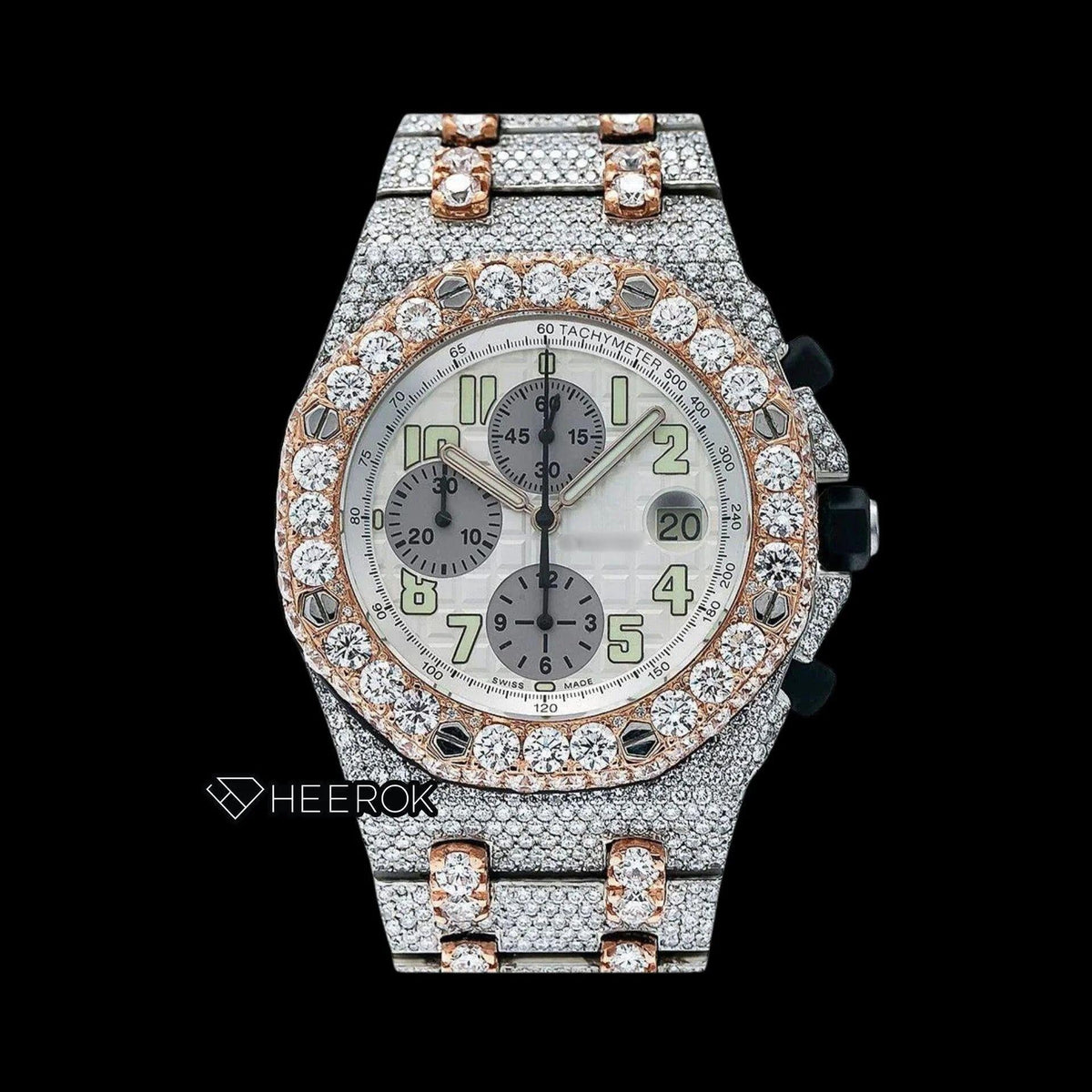 AP Royal Oak Offshore Chronograph White Dial Standard Numerals Large Round Diamond Bezel Rose Gold Two Tone Fully Iced Out Moissanite Watch
