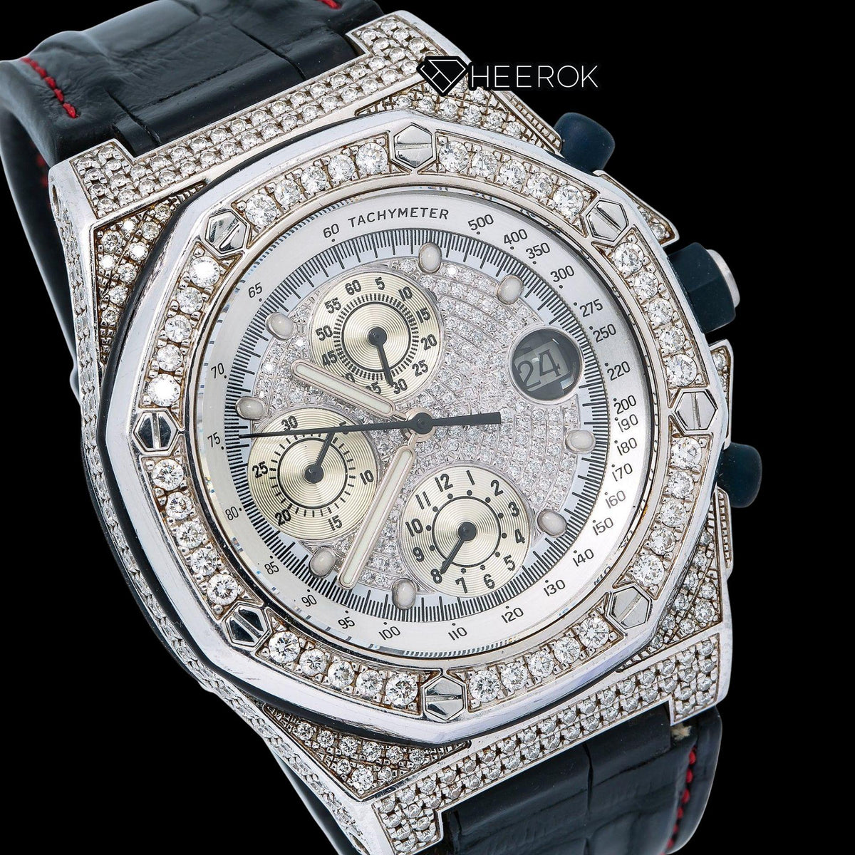 AP Royal Oak Offshore White Dial Diamond Markers Diamond Bezel Leather Strap Semi Iced Moissanite Diamond Watch