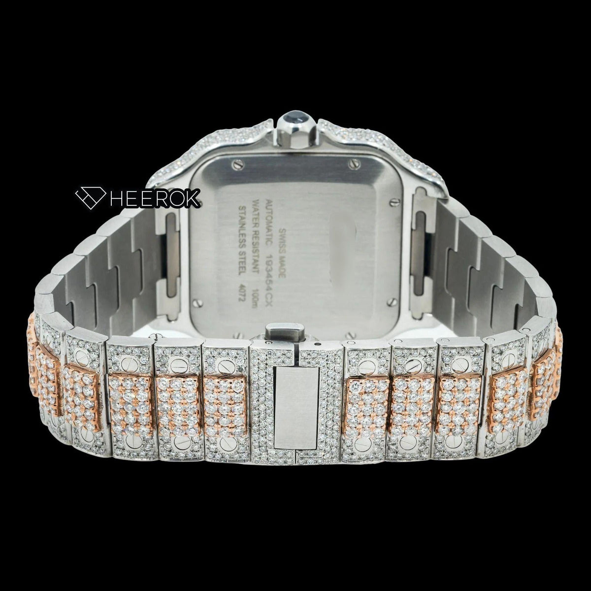 Cartier Santos Rose Gold Dial Black Roman Numerals Diamond Bezel Two Tone Rose Gold Moissanite Diamond Watch