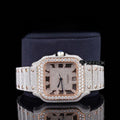 Cartier Santos Rose Gold Dial Roman Numerals Diamond Bezel Two Tone Rose Gold Fully Iced Moissanite Diamond