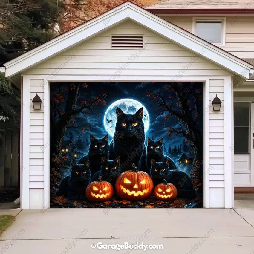 Witching Whiskers | Black Cat Halloween Garage Door Cover