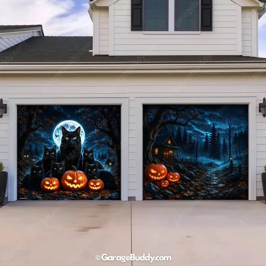 Witching Whiskers | Black Cat Halloween Garage Door Cover