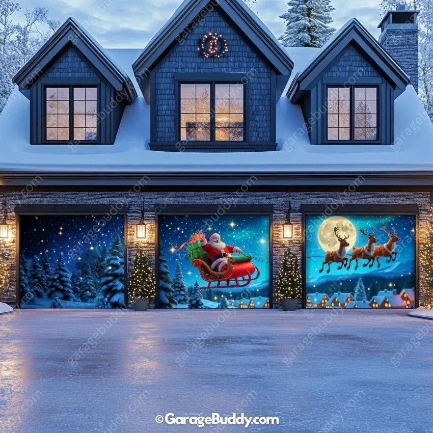 Santa's Flight (Glow) | Christmas Garage Door Cover