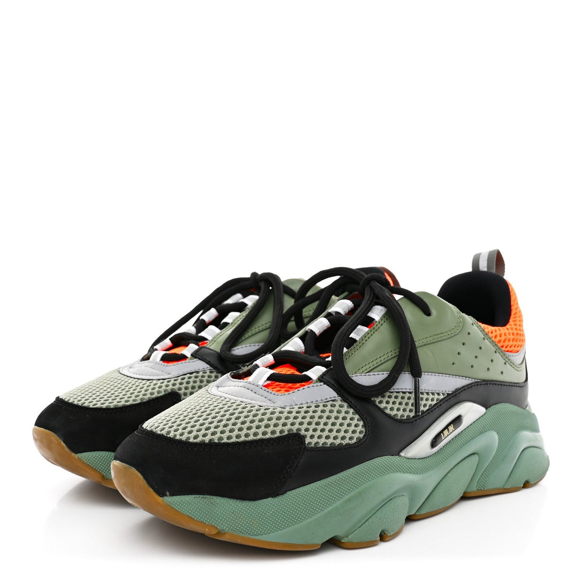 Technical Mesh Calfskin Mens B22 Sneakers 42 Olive Green Orange Black