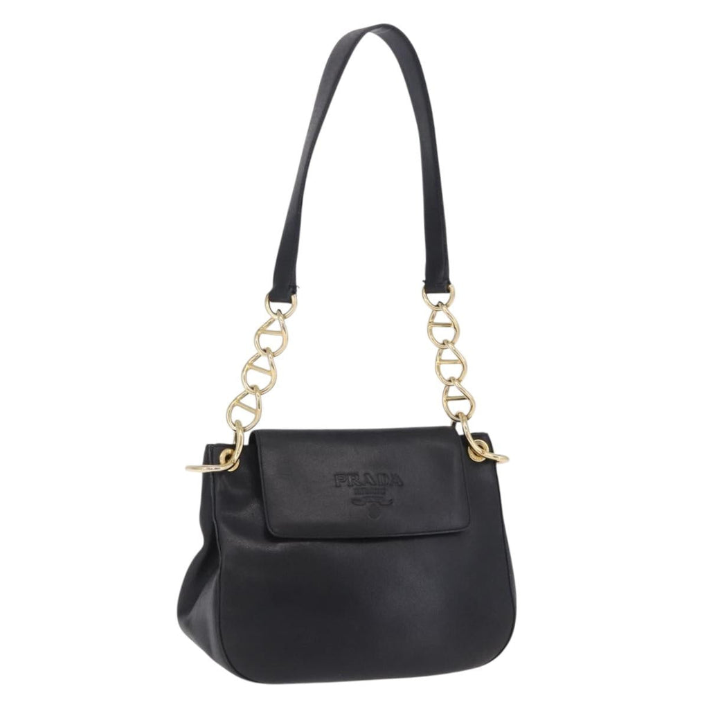 PRADA Chain Shoulder Bag Leather Black Gold Auth am12576V