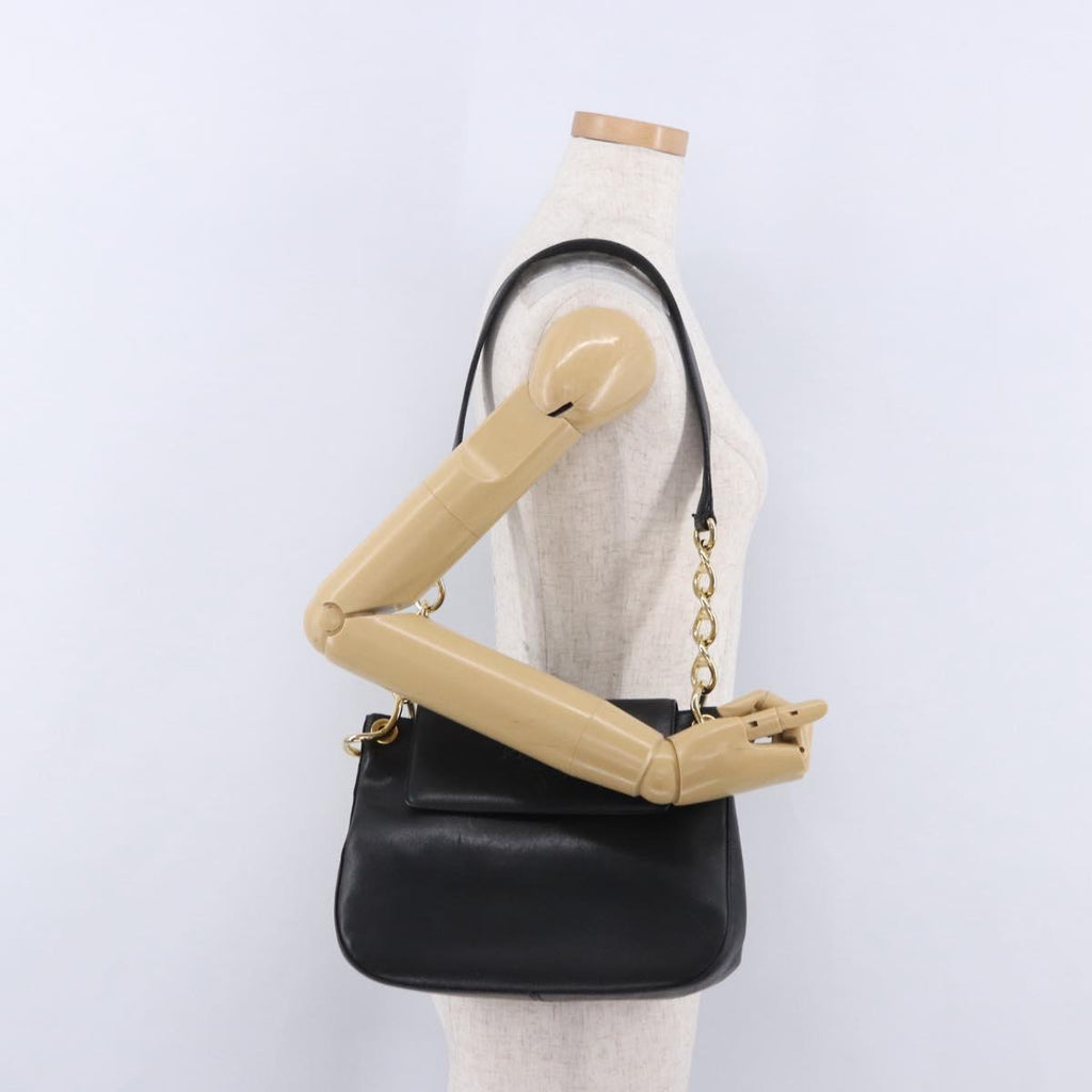 PRADA Chain Shoulder Bag Leather Black Gold Auth am12576V