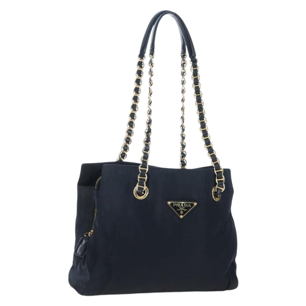 PRADA Chain Tote Bag Nylon Navy Gold Auth am12703V