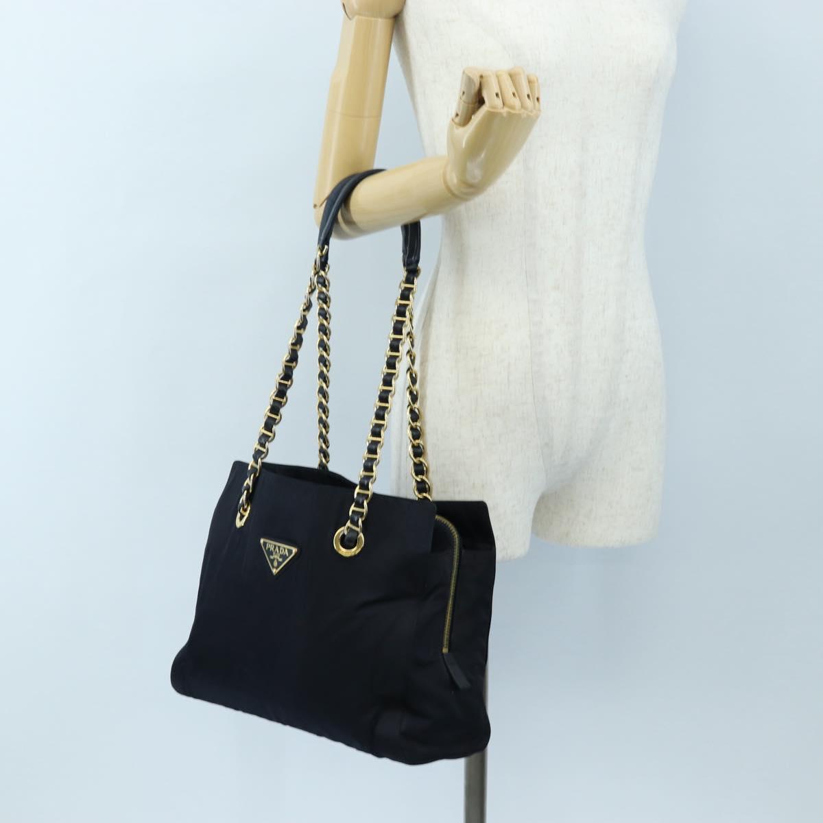 PRADA Chain Tote Bag Nylon Navy Gold Auth am12703V
