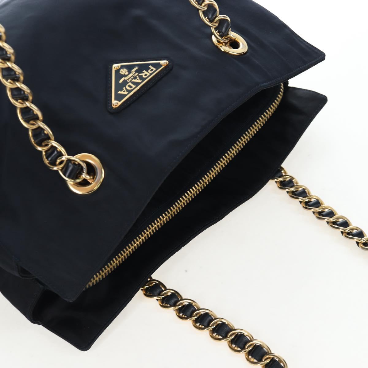 PRADA Chain Tote Bag Nylon Navy Gold Auth am12703V