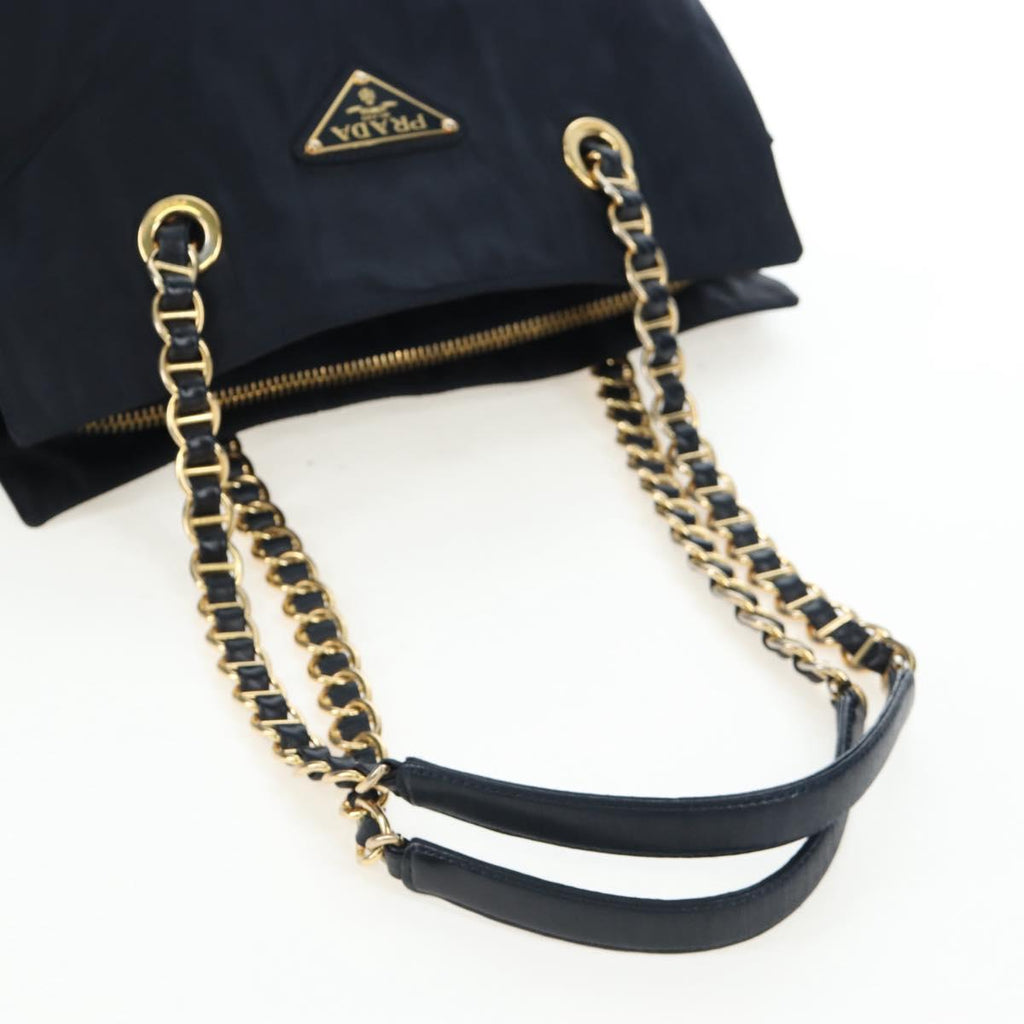 PRADA Chain Tote Bag Nylon Navy Gold Auth am12703V