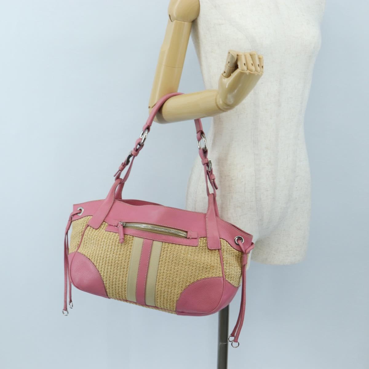 PRADA Shoulder Bag Raffia Beige Pink Silver Auth am12710V