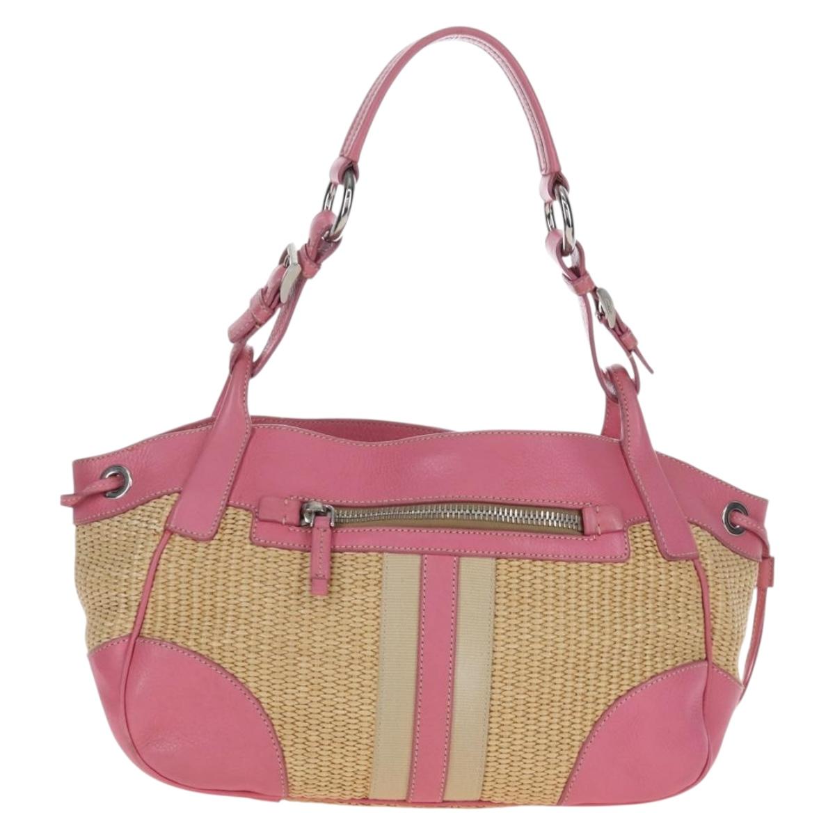 PRADA Shoulder Bag Raffia Beige Pink Silver Auth am12710V
