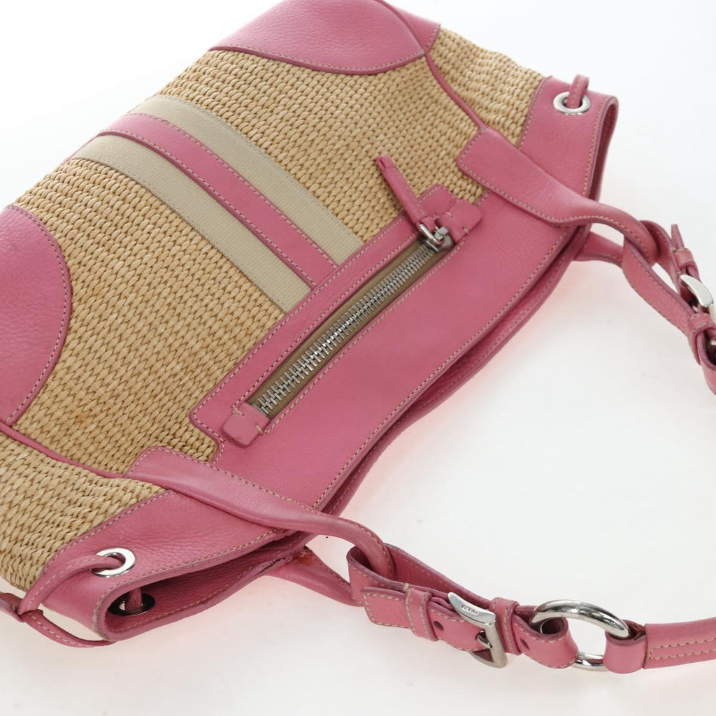 PRADA Shoulder Bag Raffia Beige Pink Silver Auth am12710V