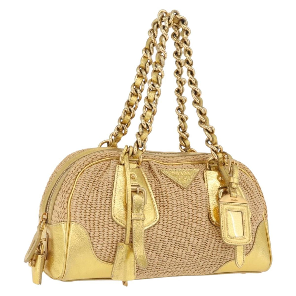PRADA Chain Hand Bag Raffia Beige Gold Tone BL0352 Auth am12833M