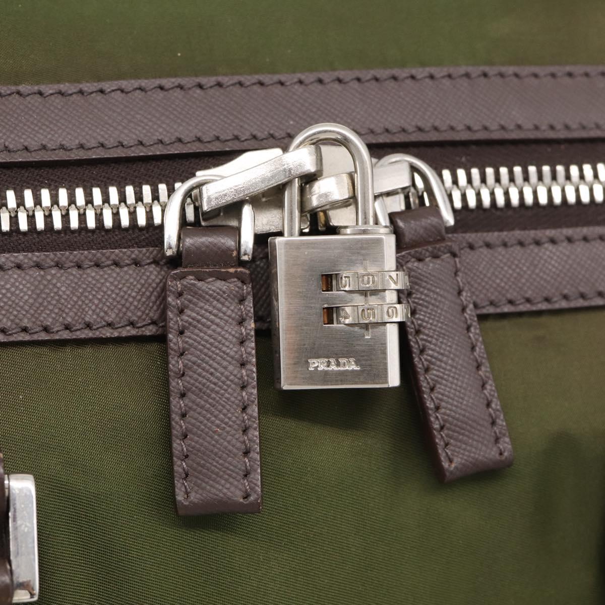 PRADA Boston Bag Nylon Khaki Silver Auth am12844A