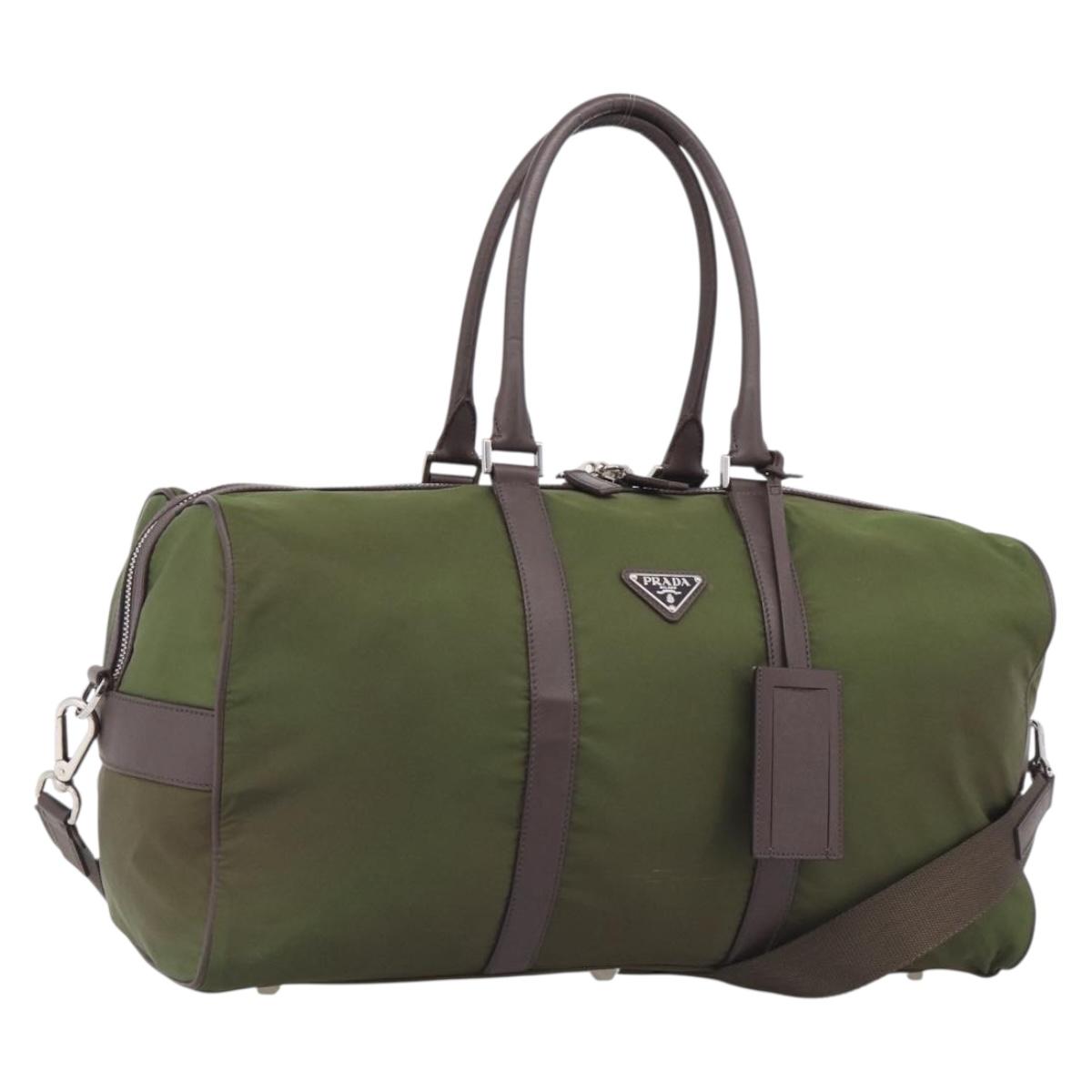 PRADA Boston Bag Nylon Khaki Silver Auth am12844A