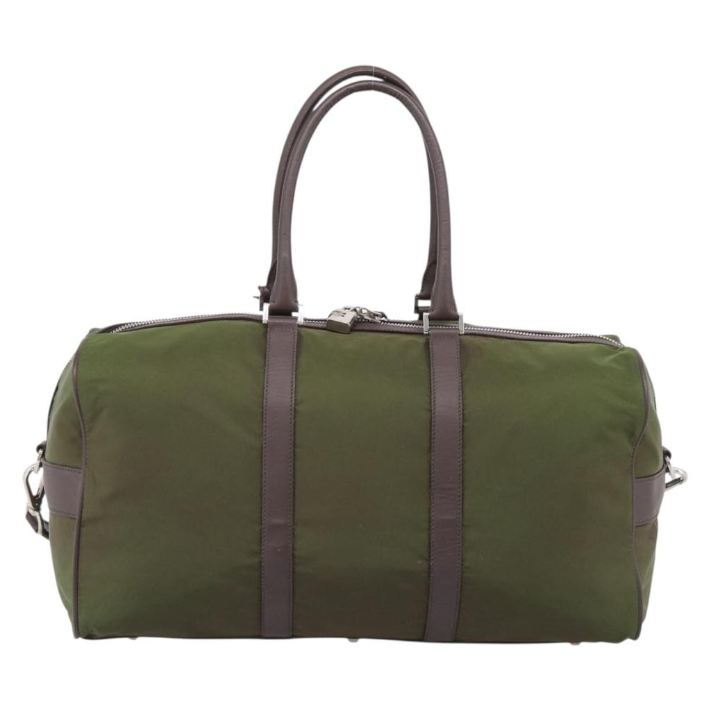 PRADA Boston Bag Nylon Khaki Silver Auth am12844A