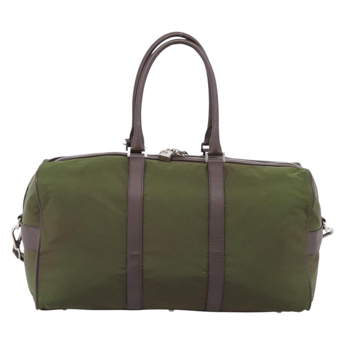 PRADA Boston Bag Nylon Khaki Silver Auth am12844A