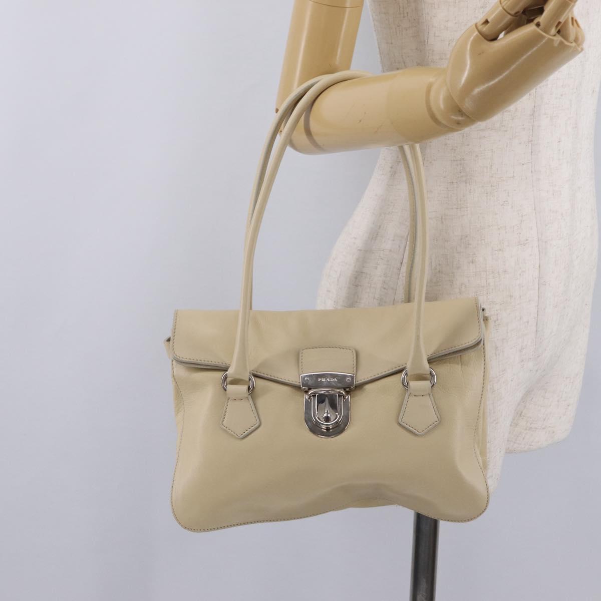 PRADA Tote Bag Leather Ivory Silver Auth ar14347