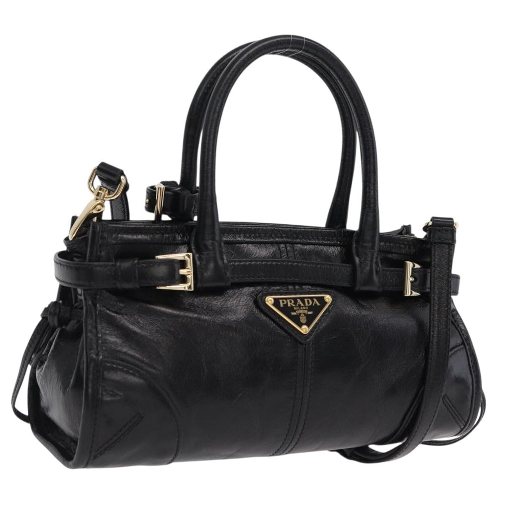 PRADA Hand Bag Leather 2way Black Gold Auth BA15993SAM