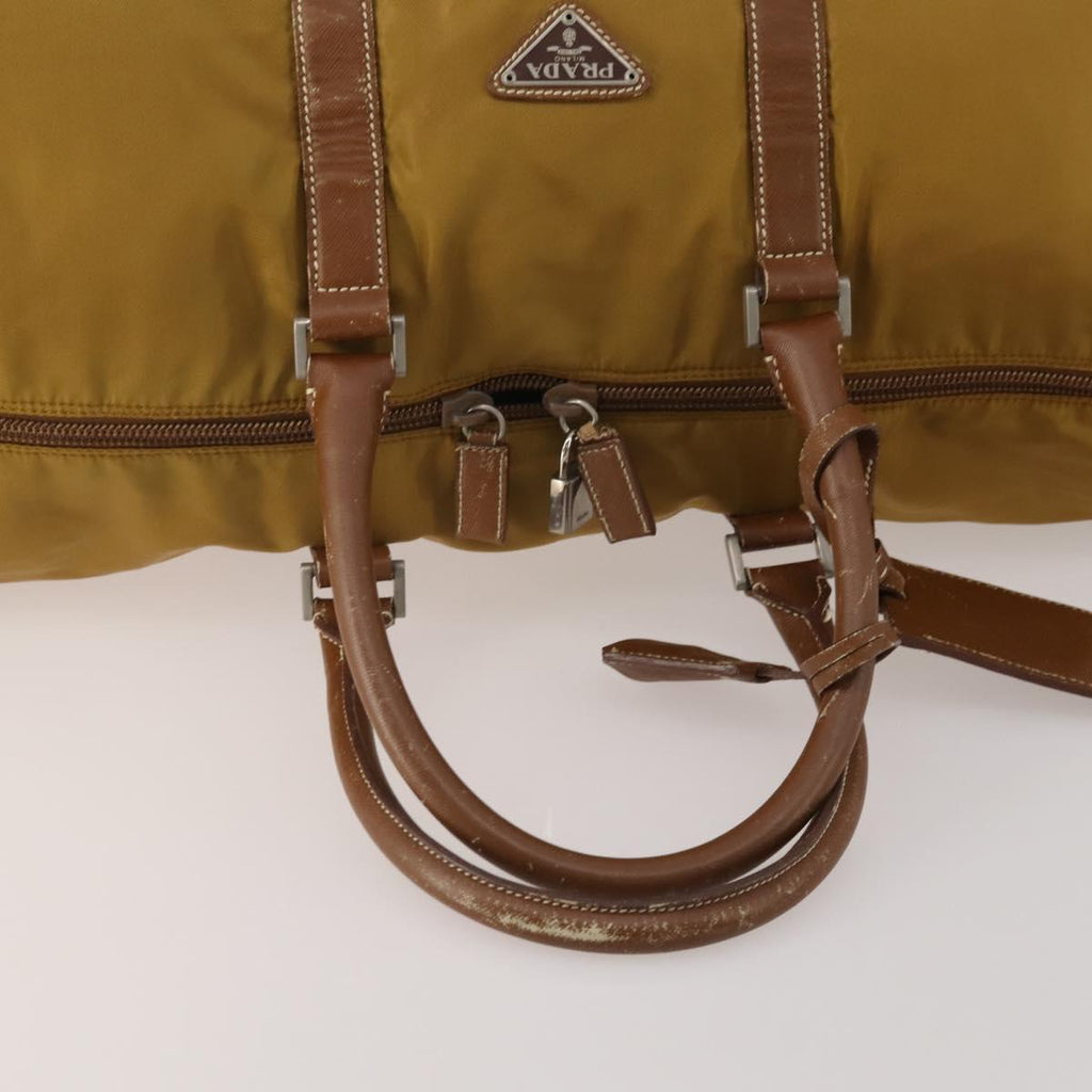 PRADA Boston Bag Nylon Beige Silver Auth bs36871