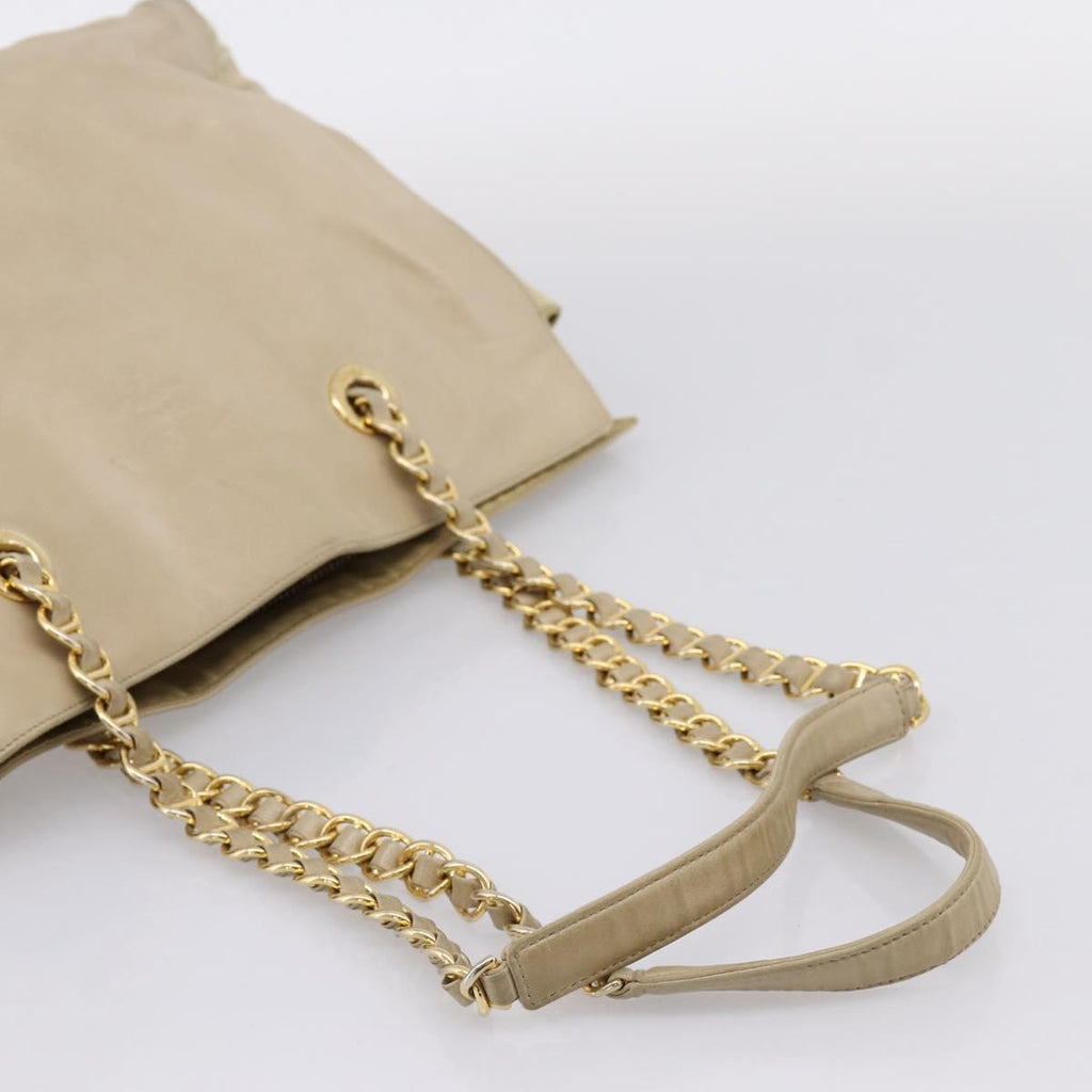 PRADA Chain Tote Bag Leather Beige Gold Auth bs37400