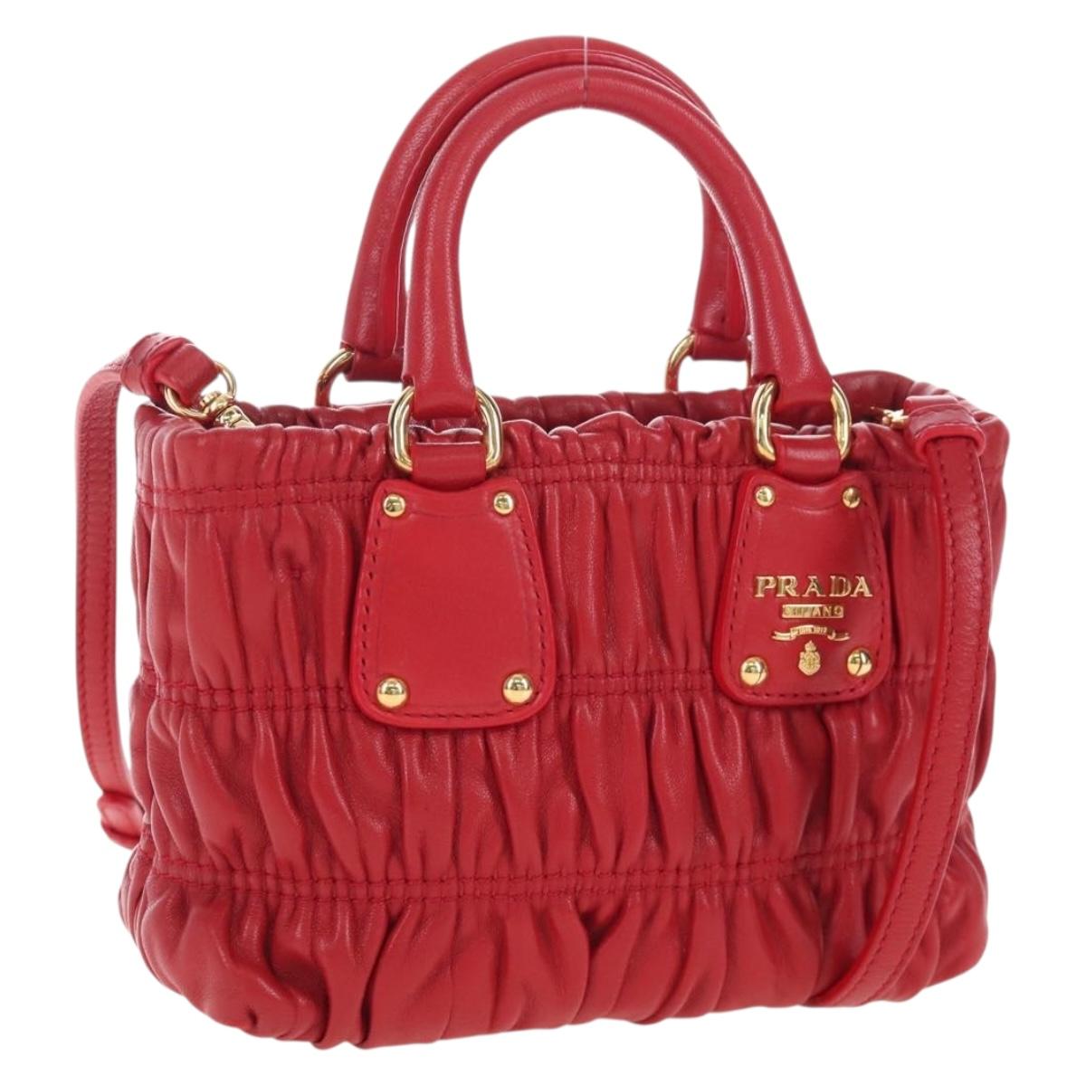 PRADA Hand Bag Leather 2way Red Gold Auth bs37504V