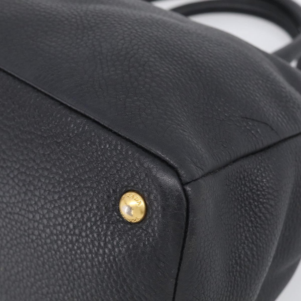 PRADA Hand Bag Leather Black Gold Tone Auth bs37863