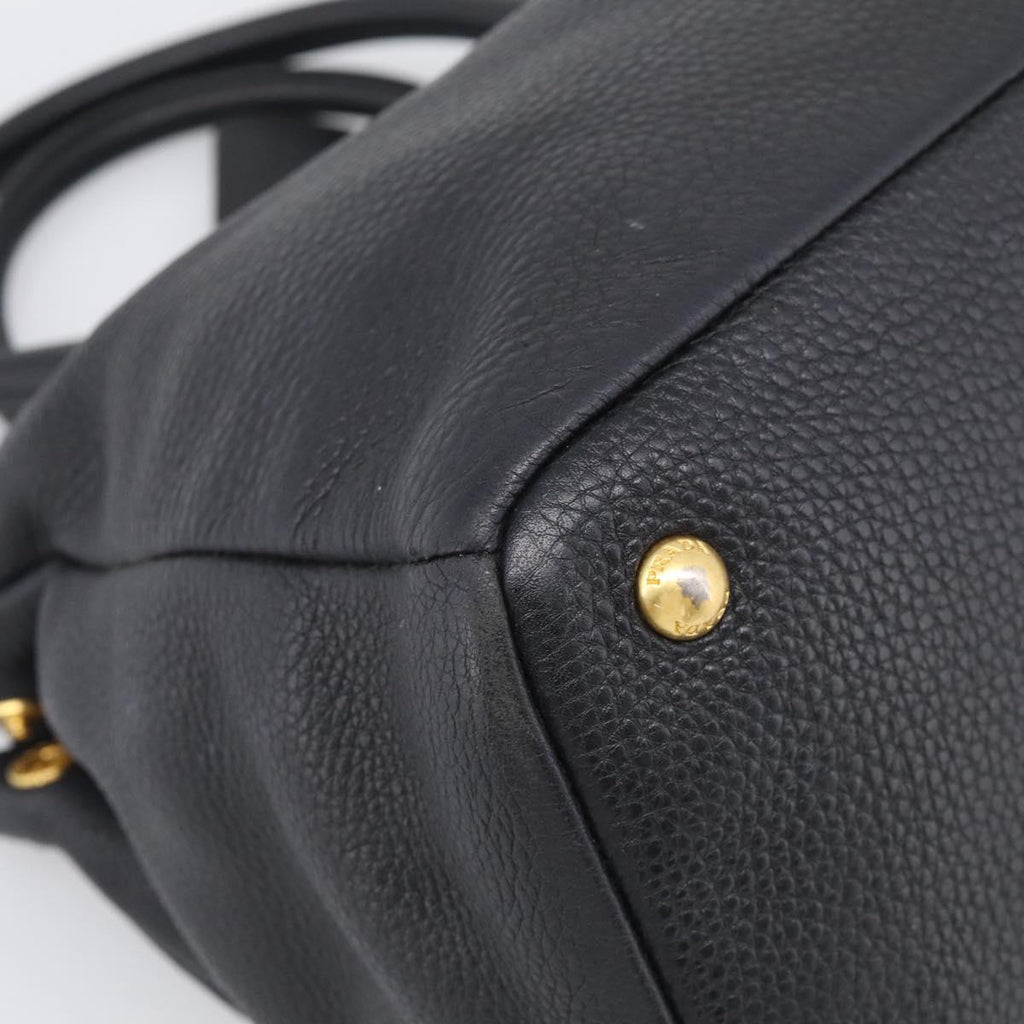 PRADA Hand Bag Leather Black Gold Tone Auth bs37863