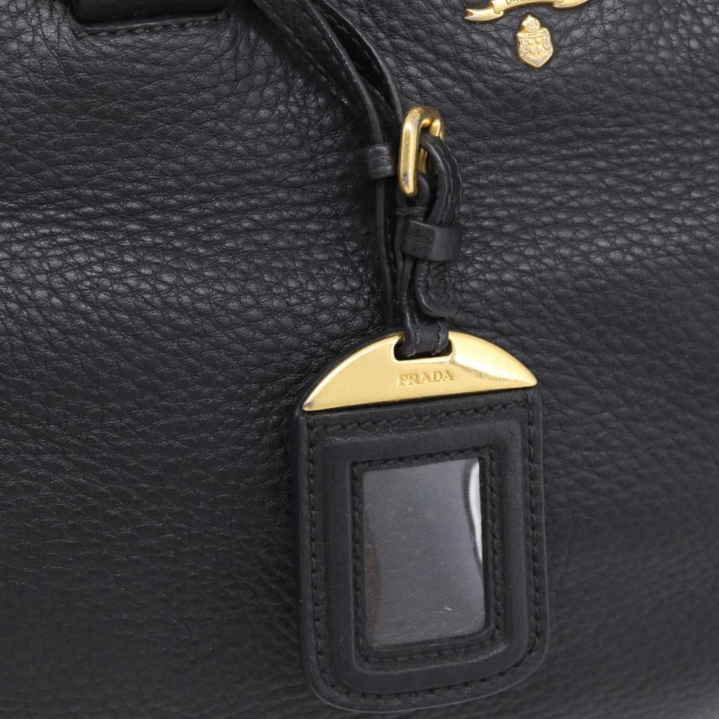 PRADA Hand Bag Leather Black Gold Tone Auth bs37863