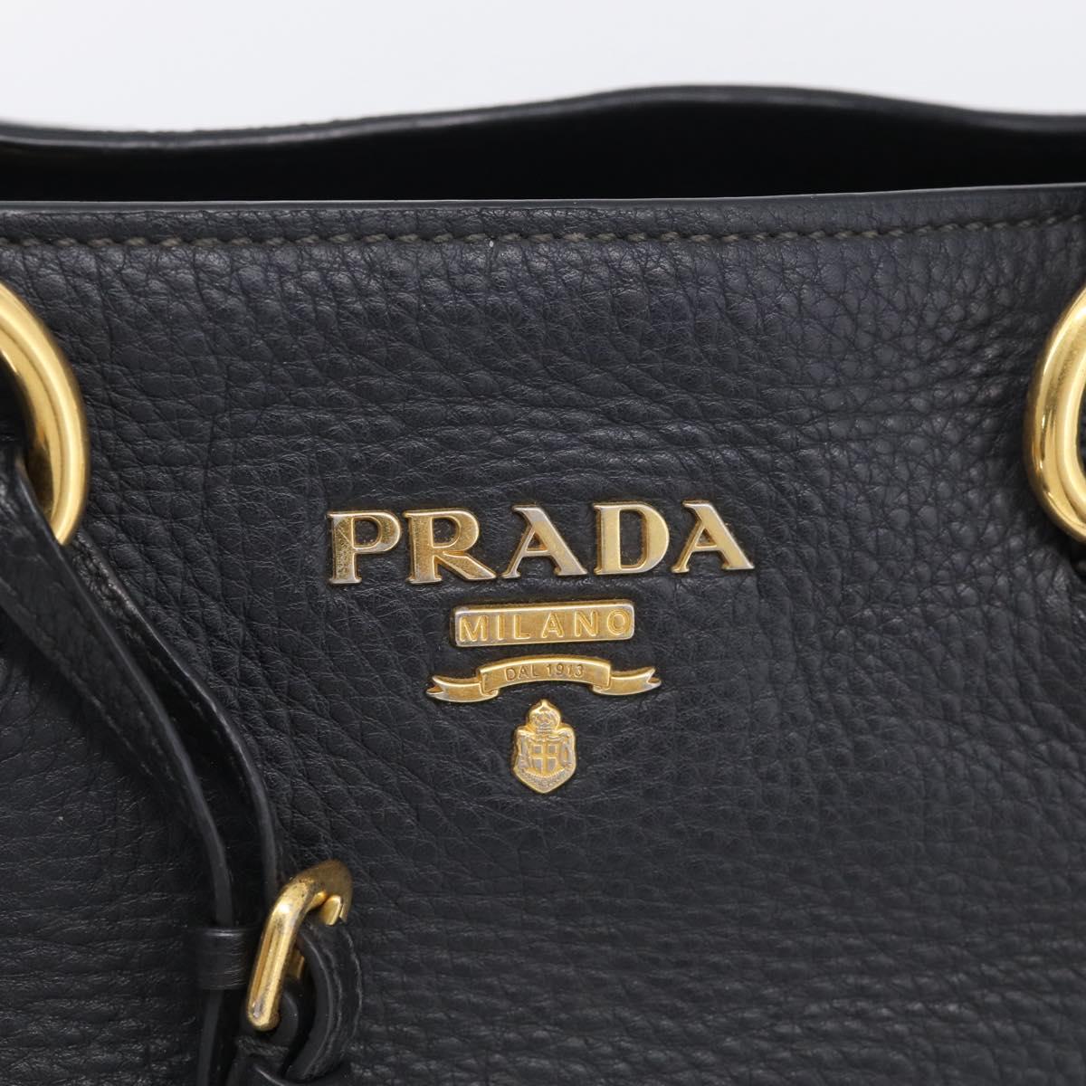 PRADA Hand Bag Leather Black Gold Tone Auth bs37863
