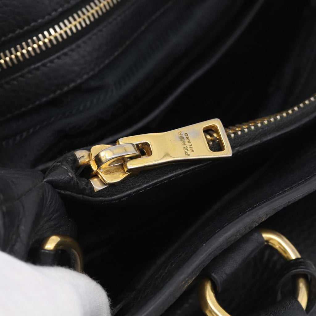 PRADA Hand Bag Leather Black Gold Tone Auth bs37863