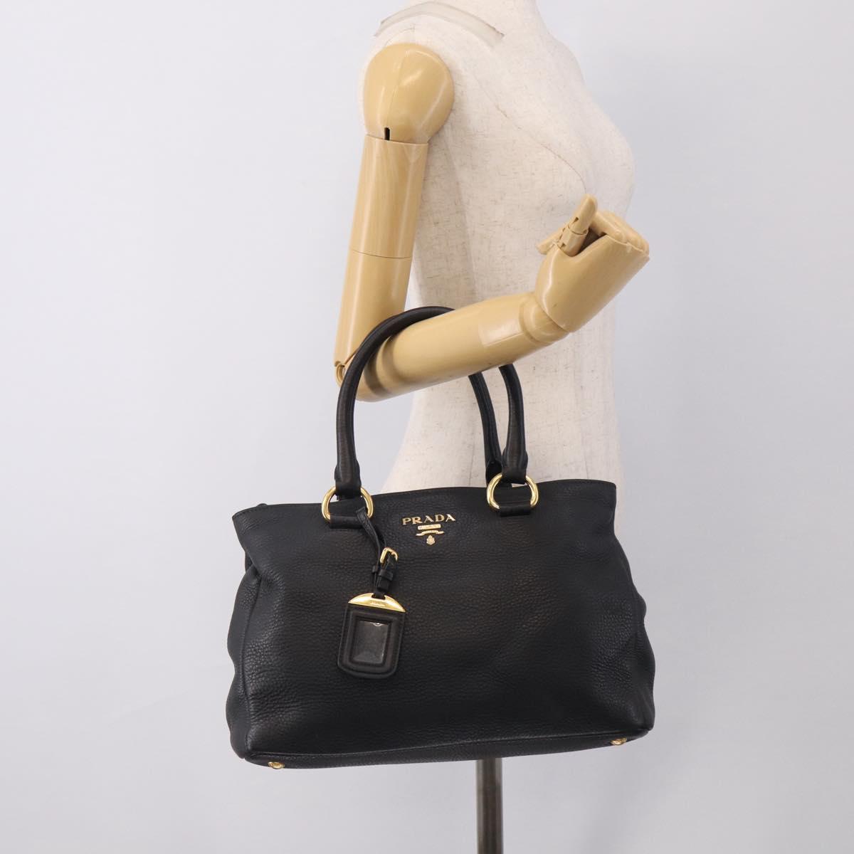 PRADA Hand Bag Leather Black Gold Tone Auth bs37863