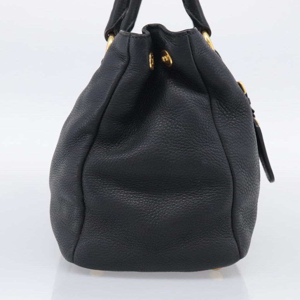 PRADA Hand Bag Leather Black Gold Tone Auth bs37863