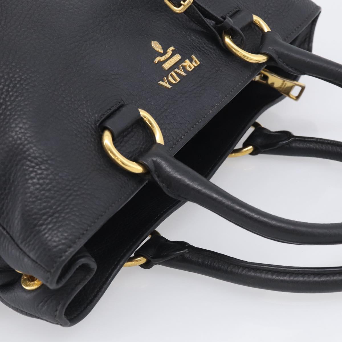 PRADA Hand Bag Leather Black Gold Tone Auth bs37863