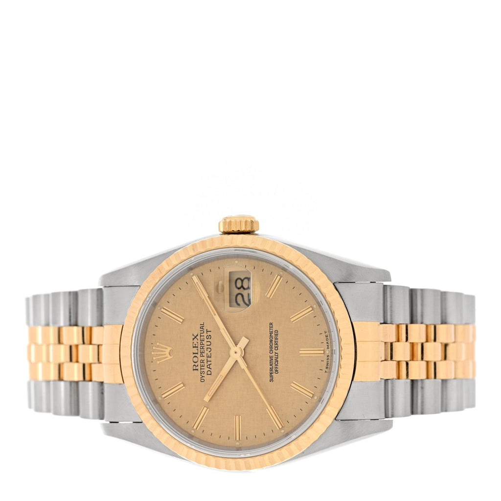 Stainless Steel 18K Yellow Gold 36mm Oyster Perpetual Datejust Watch Champagne Linen 16233