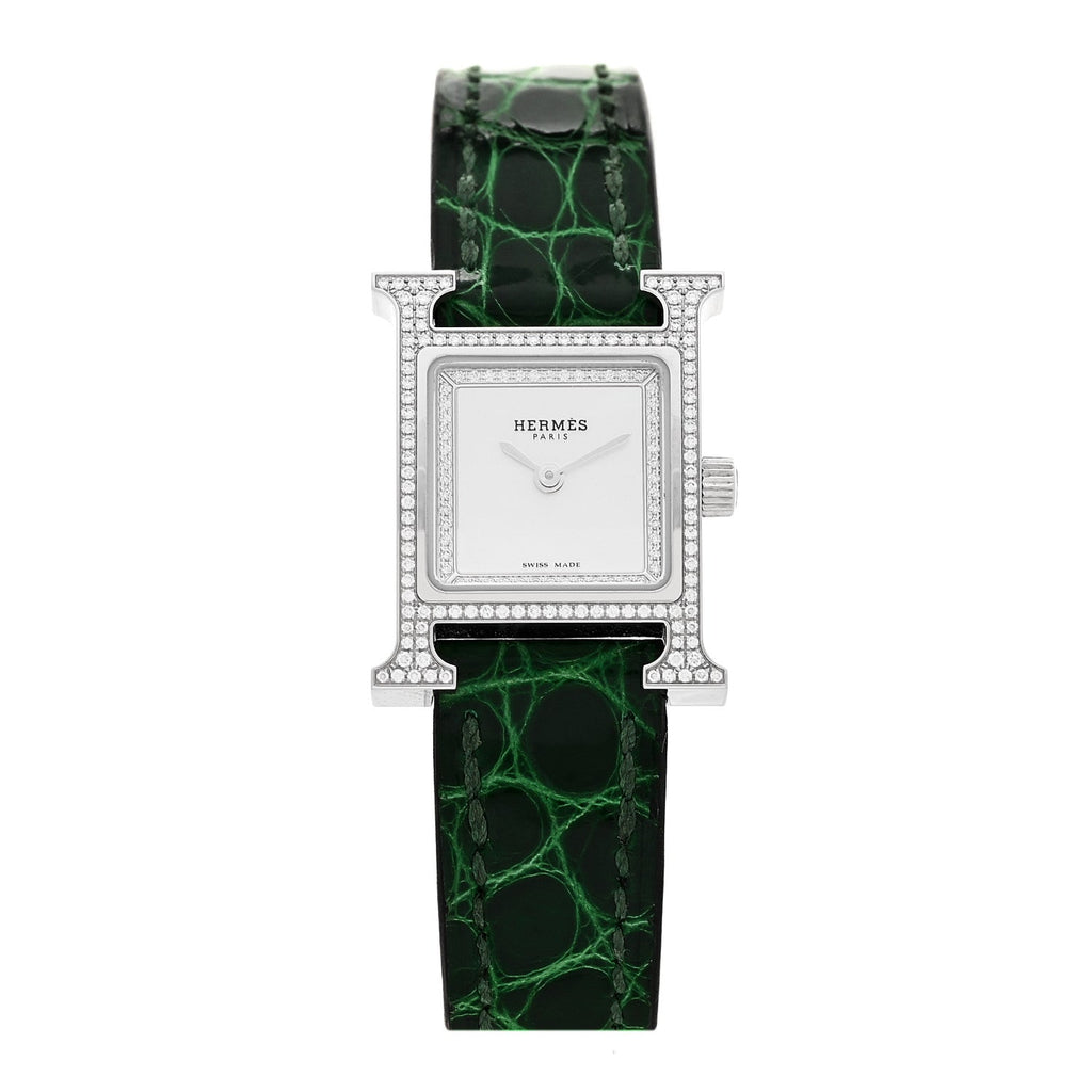 Stainless Steel Alligator Diamond Bezel Mother of Pearl 17.2mm Heure H Hour Quartz Watch Vert Moyen