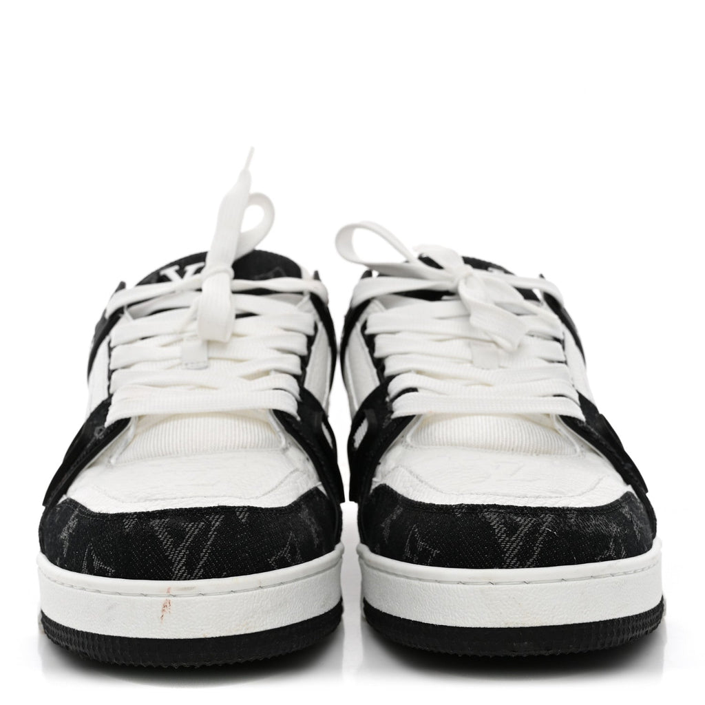 Calfskin Embossed Monogram Denim Mens LV Trainer Sneakers 10 Black